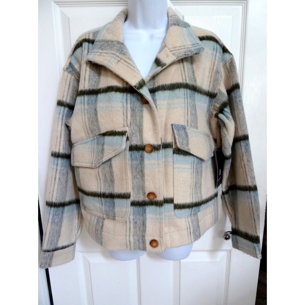 Bagatelle Small Cropped Plaid Barn Jacket Shacket Blue Cream Black 69865 NWT